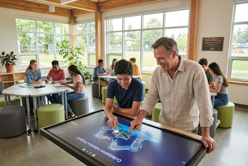 Teacher and student in a modern classroom